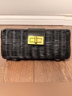 J.Crew Black Wicker Rattan Clutch Evening Bag Gold Turn-lock Hardware Chic